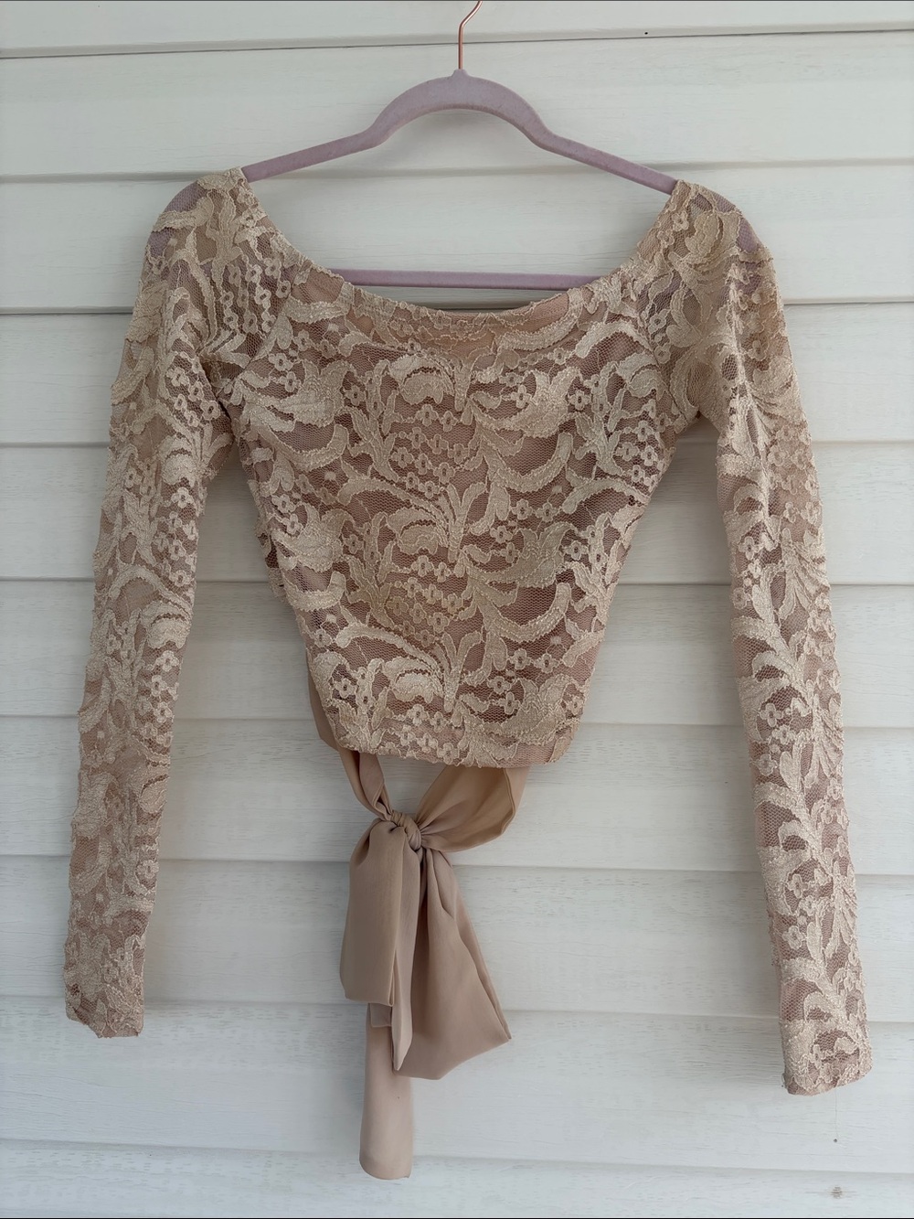 Windsor Lace Off Shoulder Crop Top Beige Tie Back Romantic Bow Lace Overlay